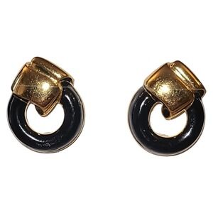 Vintage Heavy Gold Tone Black Enamel Faux Door Knocker Pierced Post Earrings